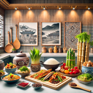 DALL·E 2024-08-31 18.27.02 - A vibrant kitchen scene featuring a variety of traditional Taiwanese dishes, including Hakka stir-fry, aboriginal bamboo rice, and street food delicac
